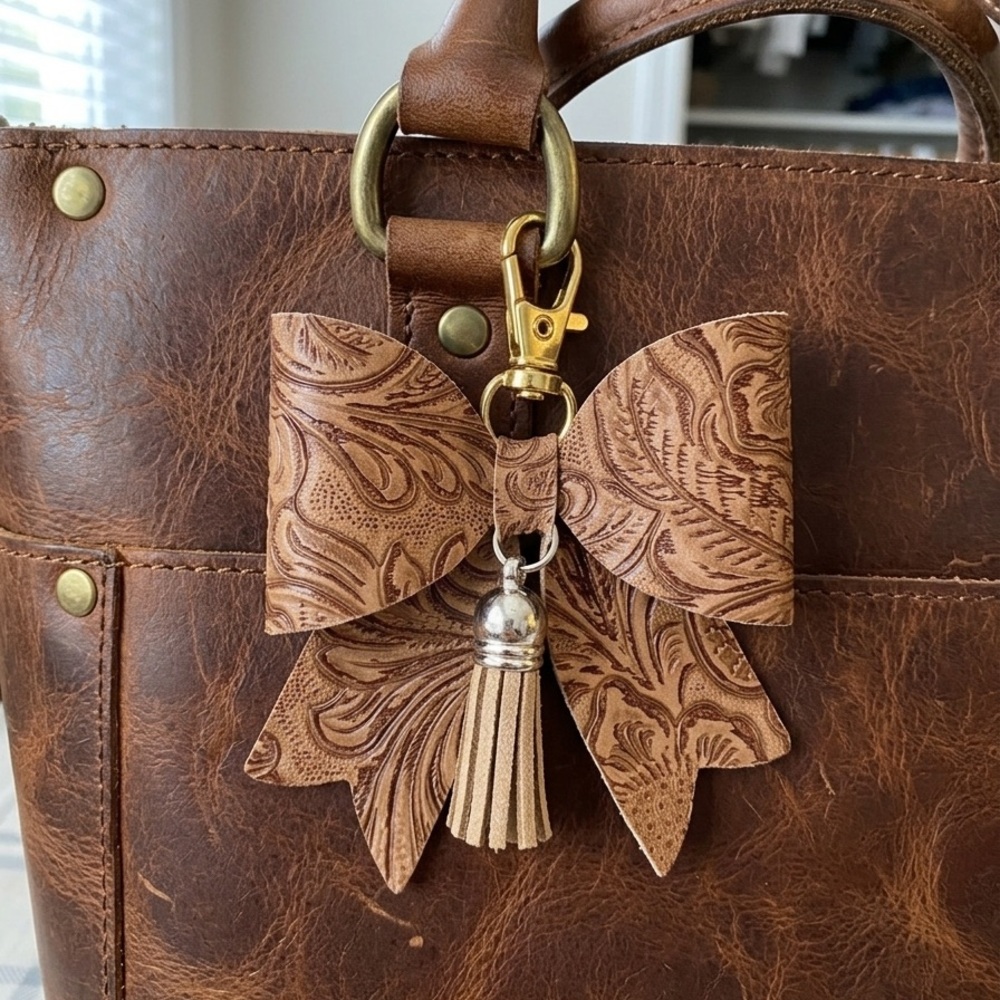 Brown Embossed Faux Leather and Tassel Bag Charm Key Chain